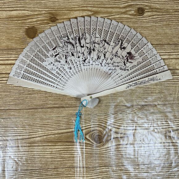 Wooden Folding Fans Classical Wood Handheld Fans Panda & Horse Hand Fan Tassel - Picture 9 of 15